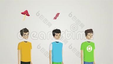 <strong>卡通动画</strong>，三个年轻人和物体在他们的头上孤立在白色背景。 一条带飞木耳